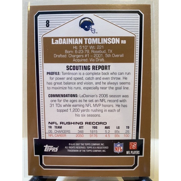 2007 Topps DPP LaDainian Tomlinson San Diego Chargers #8 NFL Football NM - Picture 2 of 2